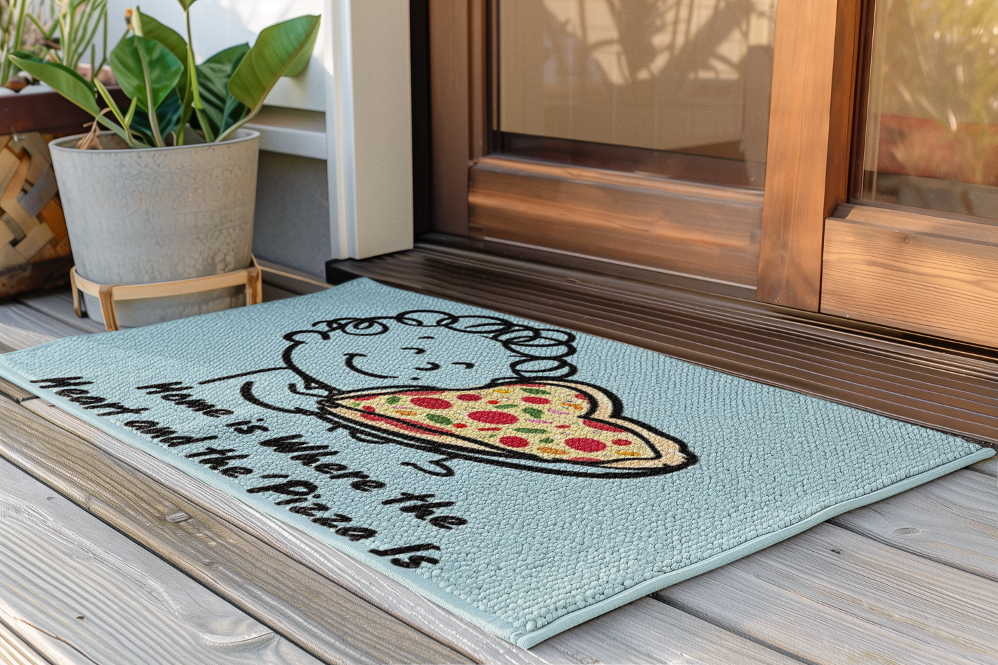 Home is Where the Heart and the Pizza Is Doormat | Fun Polyester Welcome Mat for Pizza Lovers | Cute Kitchen & Entryway Decor