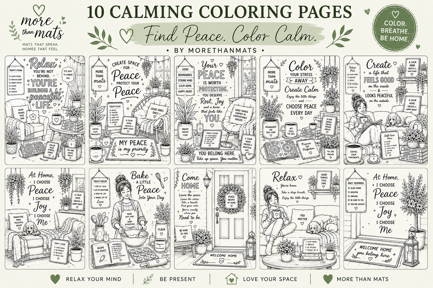 10 Calming Coloring Pages | Digital Download | Self-Care Coloring Book