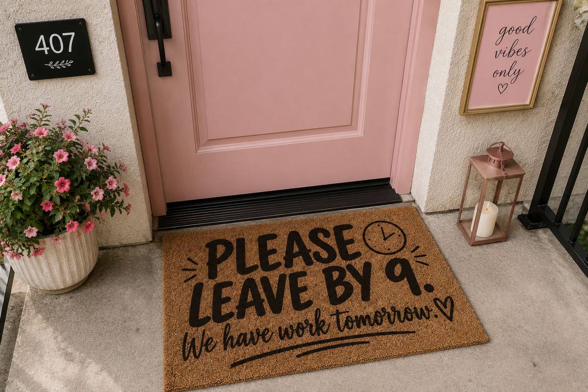 Please Leave By 9 Doormat | Funny Welcome Mat | Introvert Door Mat | Housewarming Gift | Apartment Front Door Rug