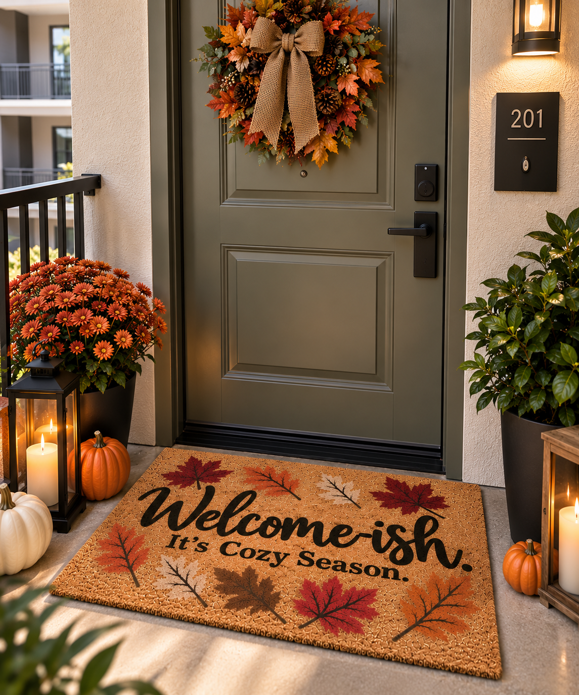 "Welcome-ish, It's Cozy Season" Fall Leaves Outdoor Welcome Mat