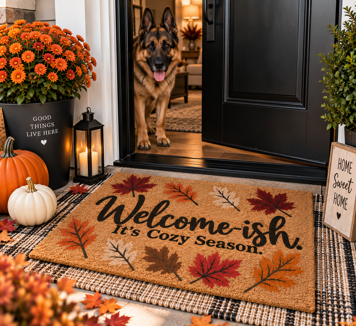 "Welcome-ish, It's Cozy Season" Fall Leaves Outdoor Welcome Mat