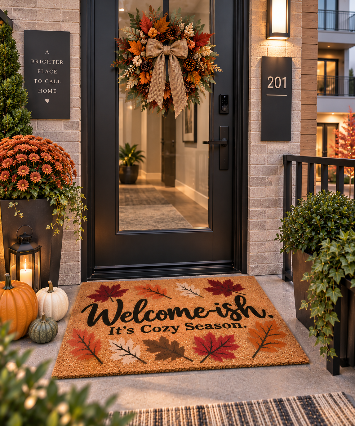 "Welcome-ish, It's Cozy Season" Fall Leaves Outdoor Welcome Mat