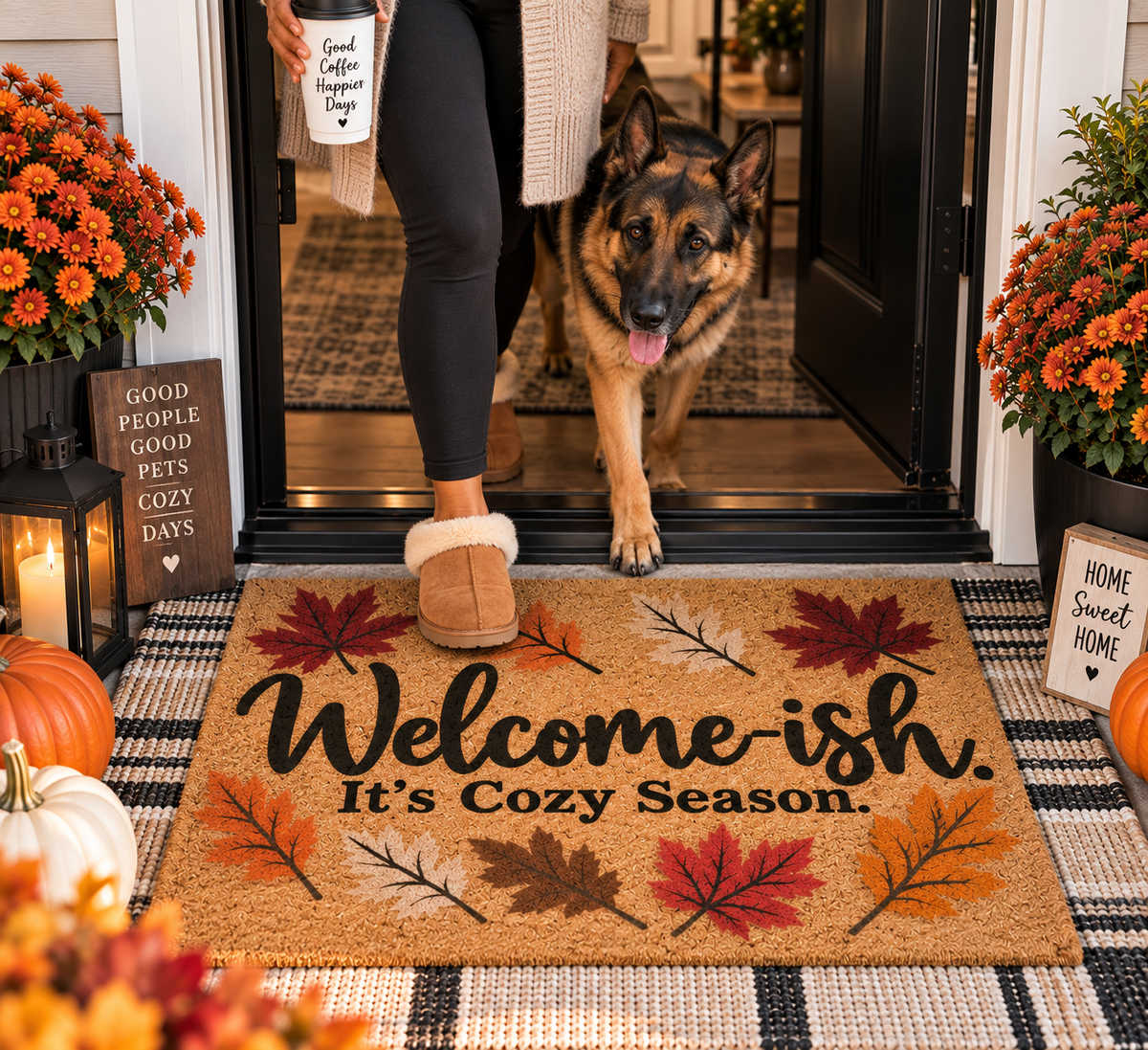 "Welcome-ish, It's Cozy Season" Fall Leaves Outdoor Welcome Mat