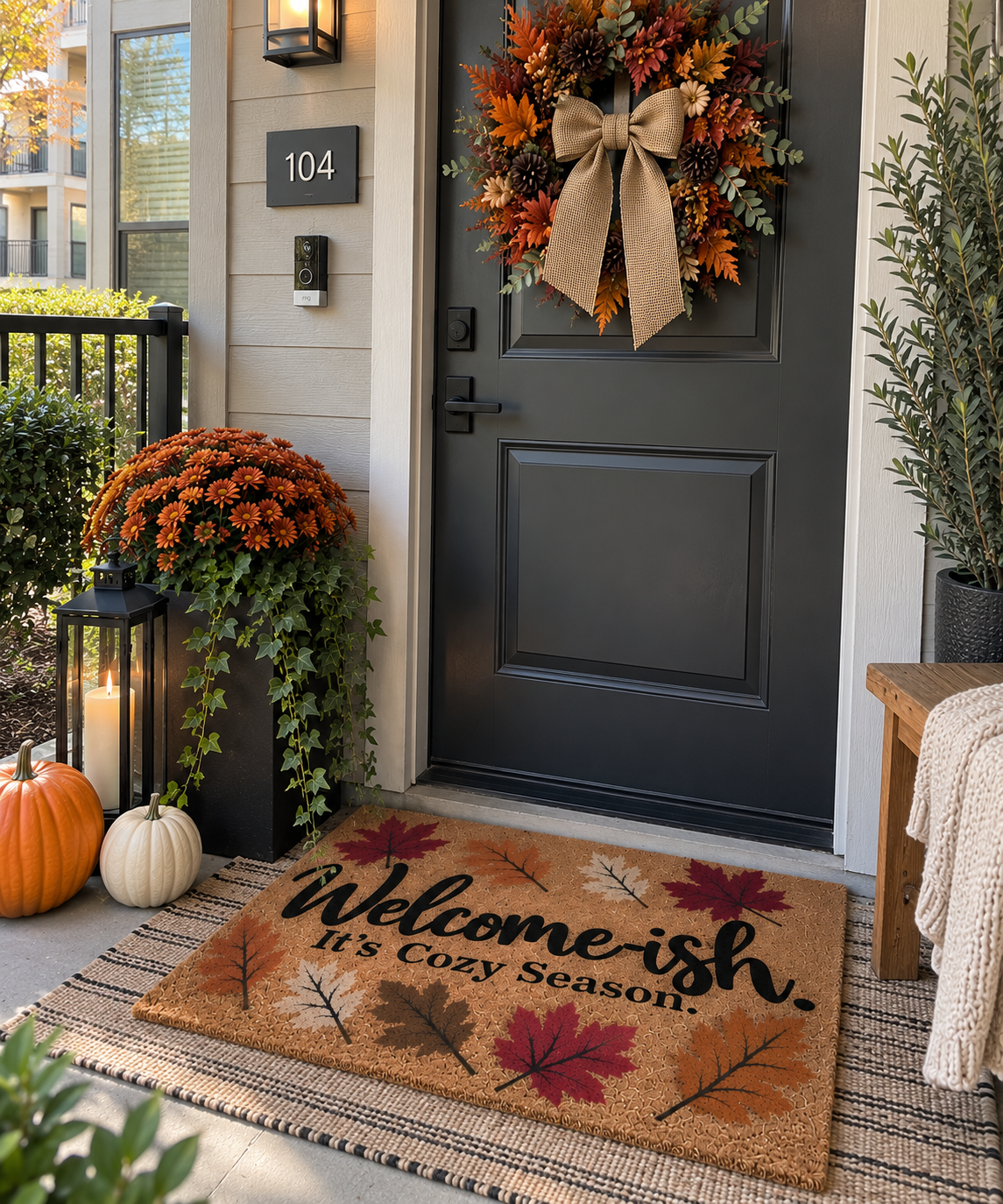 "Welcome-ish, It's Cozy Season" Fall Leaves Outdoor Welcome Mat